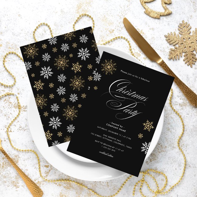 Black Gold White Snowflake Office Christmas Party Invitation (Creator Uploaded)