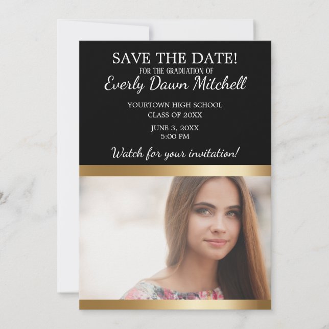 Black Gold White Stripe Graduation Save Date Photo Save The Date (Front)