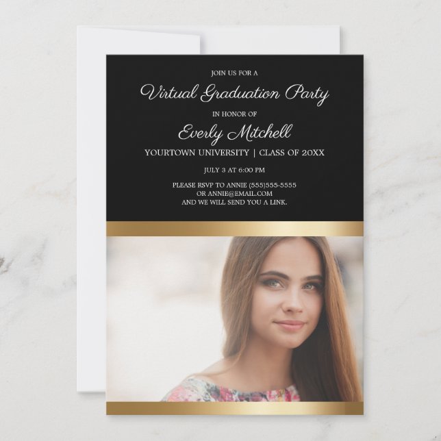 Black Gold White Stripe Virtual Graduation Party Save The Date (Front)