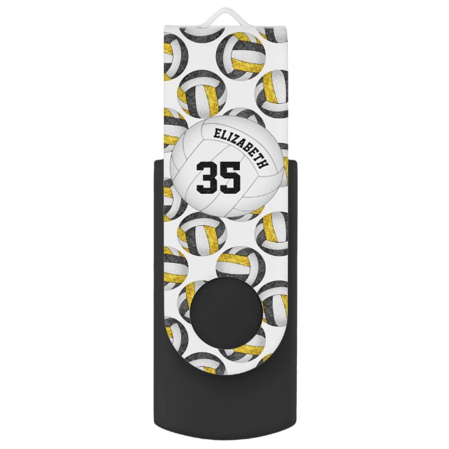 black gold white team colors girls' volleyball flash drive (Front Vertical)