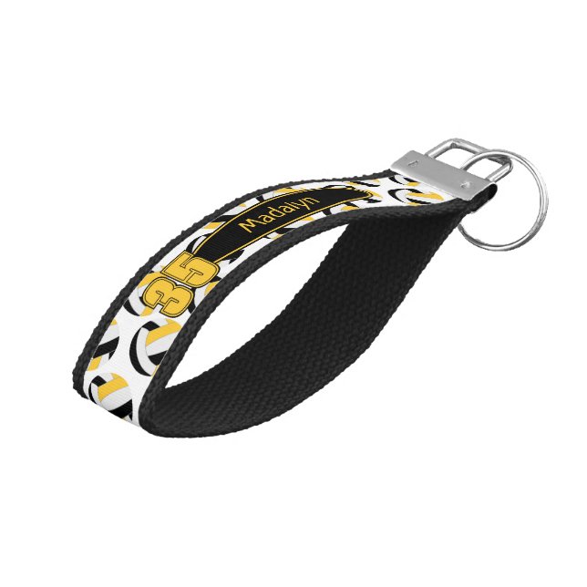 black gold white volleyballs athlete name wrist keychain (Angled Up)