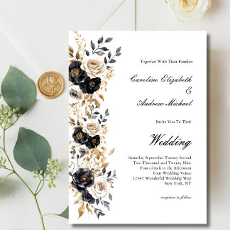 Black Gold White Watercolor Floral Elegant Wedding Invitation