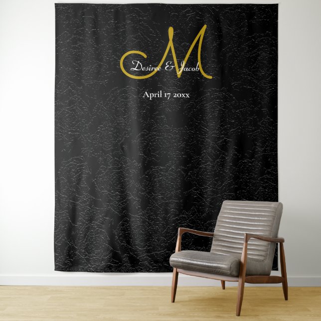 Black Gold White Wedding Monogram Photo Booth Tapestry (In Situ)