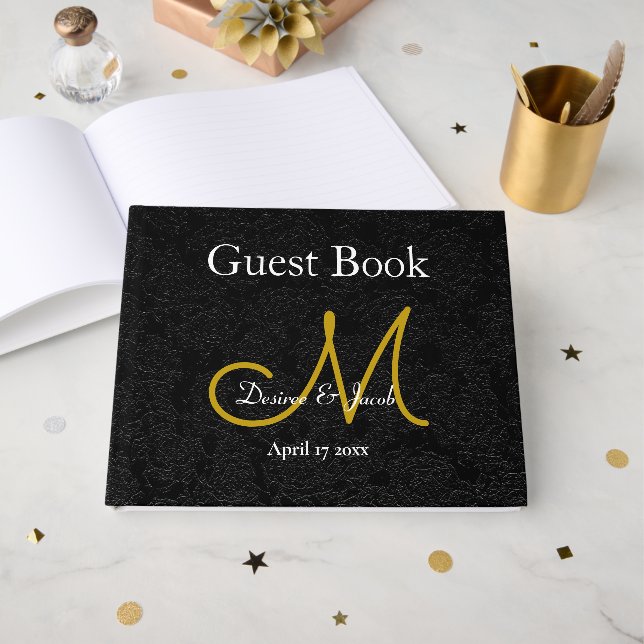 Black Gold White Wedding Reception Monogram Guest Book (Front Open)