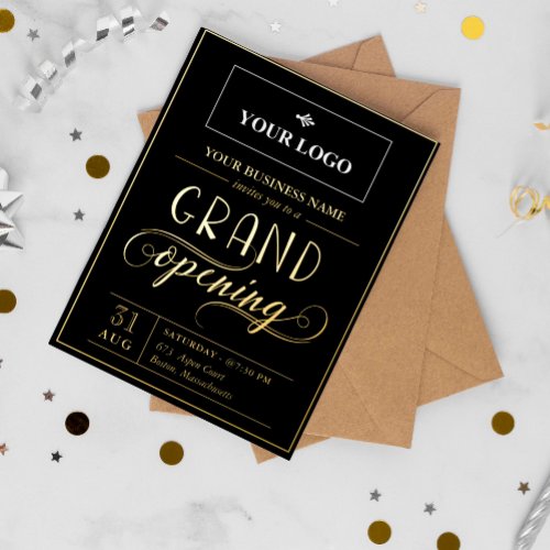 Black  Gold Wide Logo Grand Opening Foil Invitation Postcard