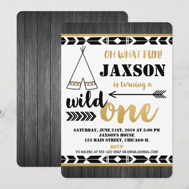 Black gold Wild one 1st birthday invitations boy (Front/Back)