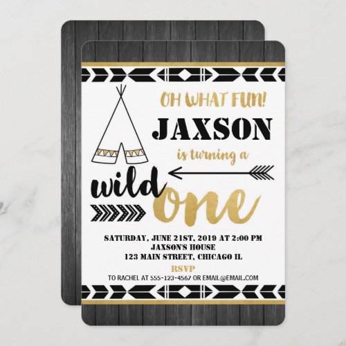 Black gold Wild one 1st birthday invitations boy