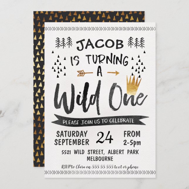 Black Gold Wild One Boys 1st Birthday Invitation (Front/Back)