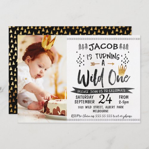 Black Gold Wild One Photo 1st Birthday Invitation