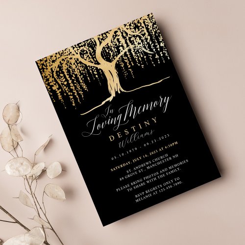 Black  Gold Willow Tree Loving Memory Funeral Invitation