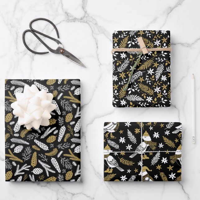 Black Gold Winter Botanicals Birds Christmas  Wrapping Paper Sheets (Front)