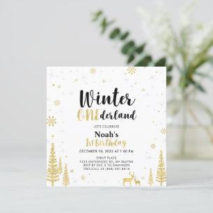 Black & Gold Winter Onederland 1st First Birthday Invitation