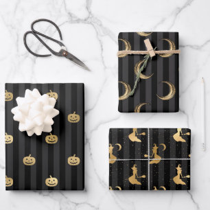 Black & Gold Witch, Moons & Pumpkins Halloween Wrapping Paper Sheets