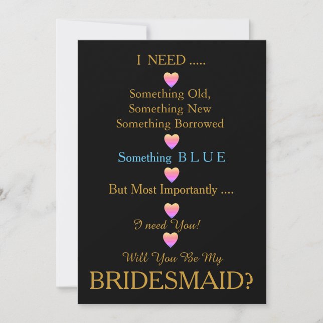Black & Gold with Heart Will You Be my Bridesmaid Invitation (Front)