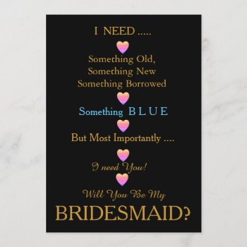 Black & Gold With Heart Will You Be My Bridesmaid Invitation by sunbuds at Zazzle