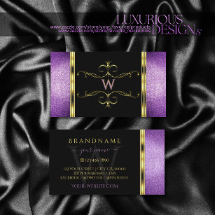 Black Gold with Purple Glitter Ornamental Monogram Business Card