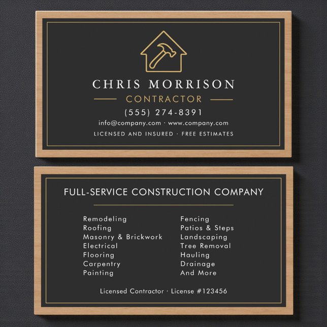 Black & Gold Wood Building Construction  Business Card (Creator Uploaded)