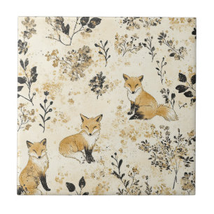 Black Gold Woodland Fox Floral Pattern Ceramic Tile