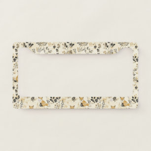 Black Gold Woodland Fox Floral Pattern License Plate Frame