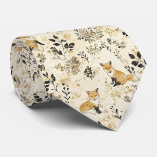Black Gold Woodland Fox Floral Pattern Neck Tie