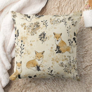Black Gold Woodland Fox Floral Pattern Throw Pillow