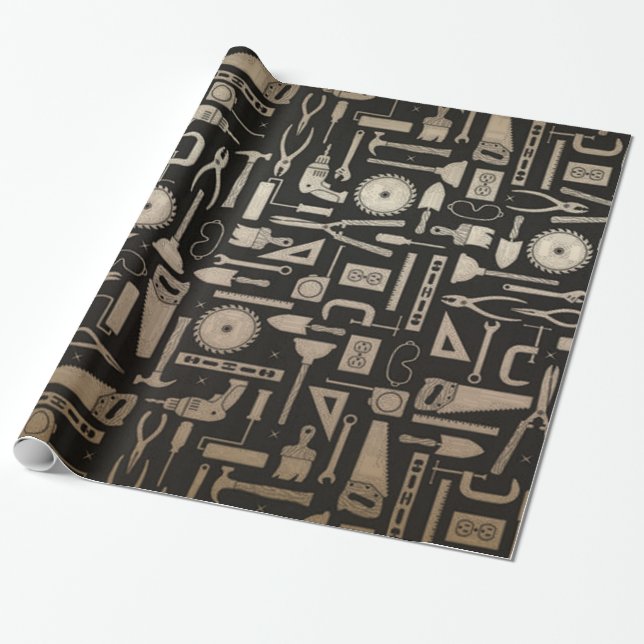 Black & Gold Workshop Tools Wrapping Paper (Unrolled)