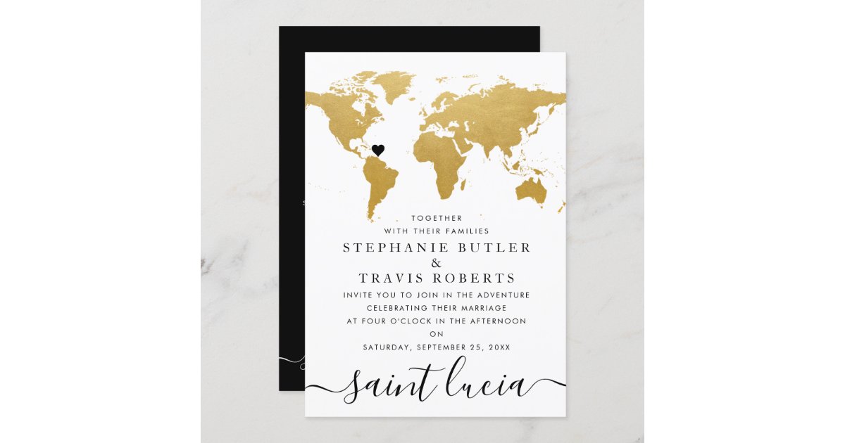 Black & Gold World Map Wedding Invitation | Zazzle