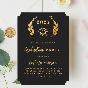 Black gold wreath 2025 luxury Graduation Party Invitation