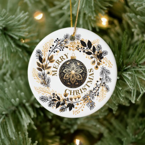 Black Gold Wreath Holiday Ceramic Ornament