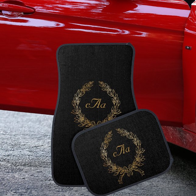 Black gold wreath monogram car floor mat (Creator Uploaded)