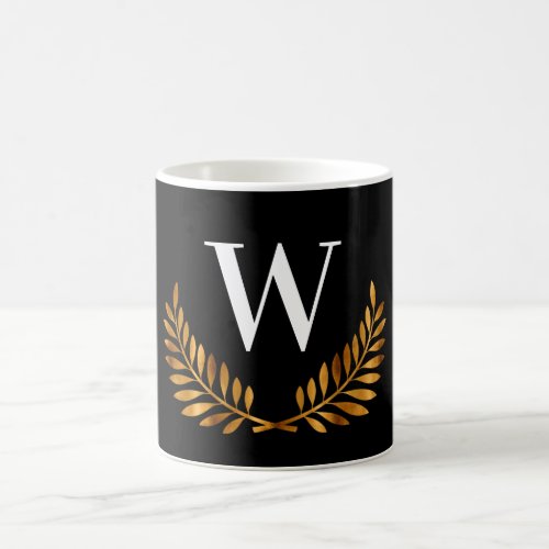 Black gold wreath monogram initial coffee mug