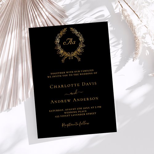 Black gold wreath monogram wedding invitation
