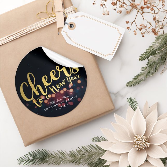 Black & Gold Xmas Cheers to A New Year Typography Classic Round Sticker (Creator Uploaded)