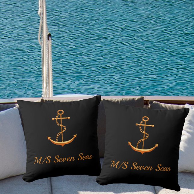 Black gold yacht boat anchor name coastal throw pillow (Creator Uploaded)