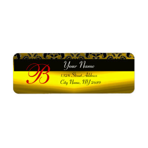 BLACK GOLD YELLOW DAMASK MONOGRAM LABEL