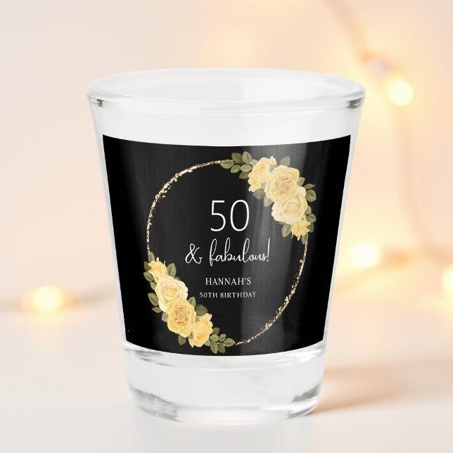 Black | Gold & Yellow Floral 50th Birthday Shot Glass (Creator Uploaded)