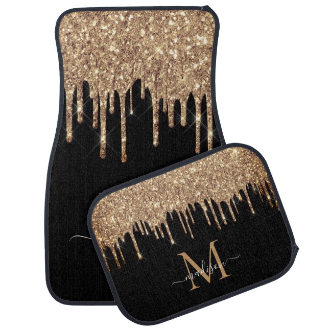 Black Gold Yellow Glitter Glam Dripping Monogram Car Floor Mat (Set)