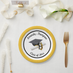 Black Gold Yellow Graduation Cap and Tassel Paper Plates