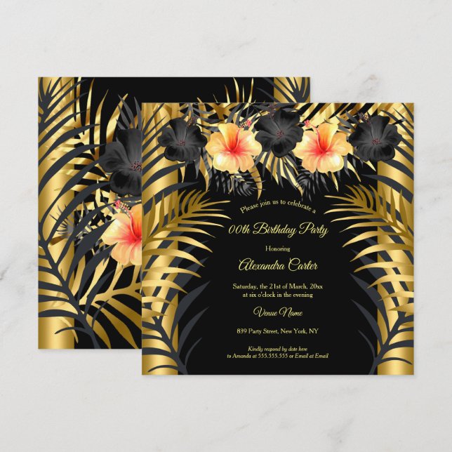 Black Gold yellow Hibiscus Tropical Floral Party Invitation (Front/Back)