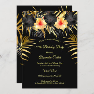 Black Gold yellow Hibiscus Tropical Floral Party Invitation