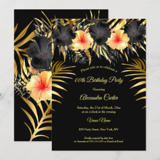 Black Gold yellow Hibiscus Tropical Floral Party Invitation