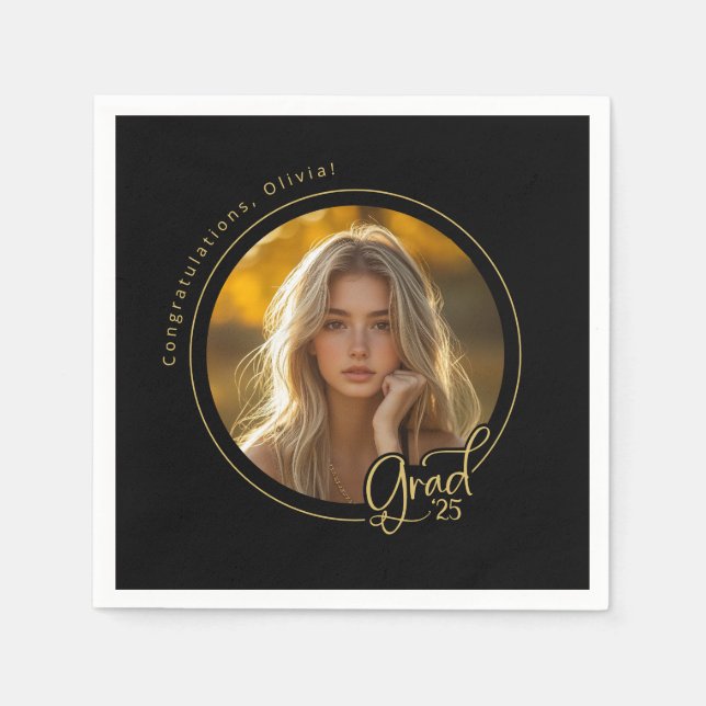 Black Gold Yellow Photo Graduation Party Napkins (Front)