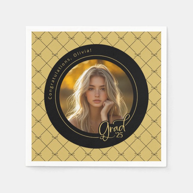 Black Gold Yellow Photo Graduation Party Paper Napkins (Front)