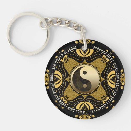 Black Gold Yin Yang Balance Affirmation Words Keychain