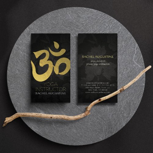 Black Gold Yoga Instructor Om Symbol Floral Linen Business Card