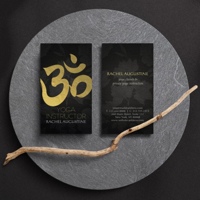 Black Gold Yoga Instructor Om Symbol Floral Linen Business Card (Creator Uploaded)