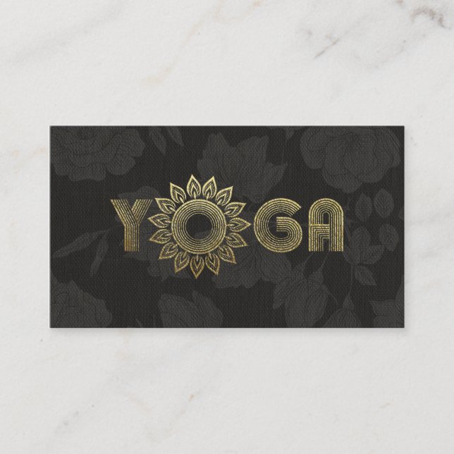 Black Gold Yoga Mediation Mandala Floral Linen Business Card (Front)