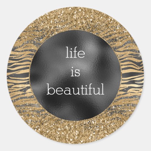 Black Gold Zebra Print Glitzy Faux Glitter Classic Round Sticker