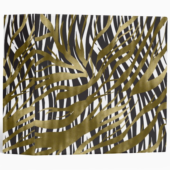 Black & Gold Zebra Print Safari Chic Glamour 3 Ring Binder (Front/Spine)