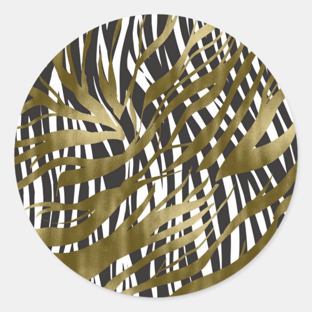 Black & Gold Zebra Print Safari Chic Glamour Classic Round Sticker (Front)
